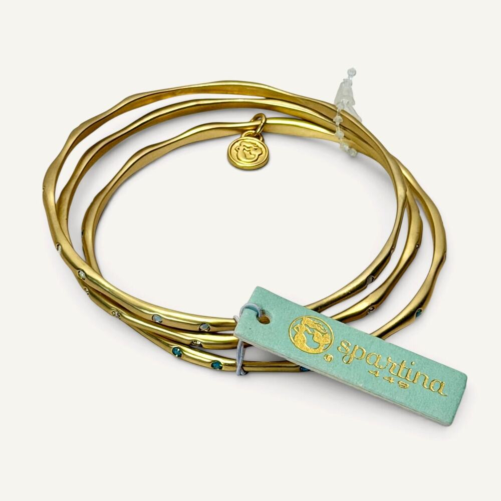 Spartina 449 Sprinkles Bangle Bracelet Set of 3 Crystal Aqua 18K Gold Plated NWT